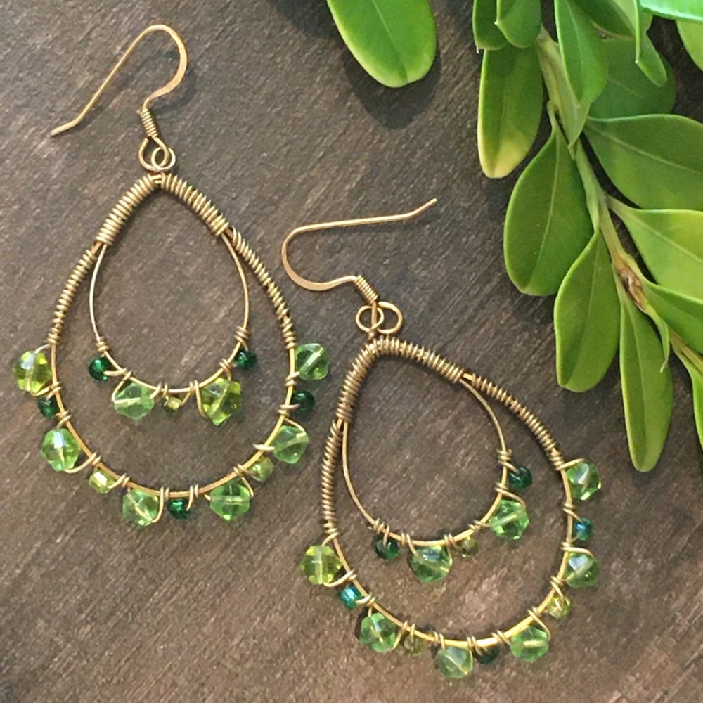 Green and gold wrapped teardrop earrings
